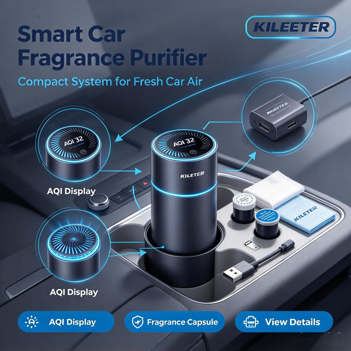 KILEETER Smart Car Fragrance Purifier 🚗 Portable Car Air Freshener & Air Cleaner, Real-Time AQI Air Quality Display, Replaceable Fragrance Capsule, USB-C Powered for Car Cup Holder