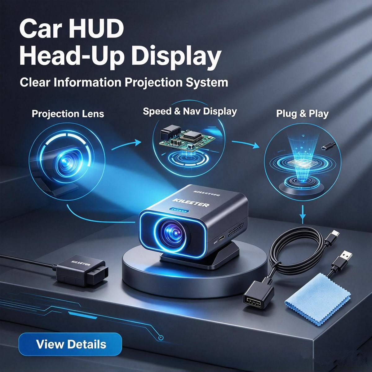 KILEETER Car HUD Head-Up Display 🚗 Windshield Speed Projector, Clear Projection, Speed Display & Navigation Prompt, Universal HUD for Vehicles, Safe Driving Accessories