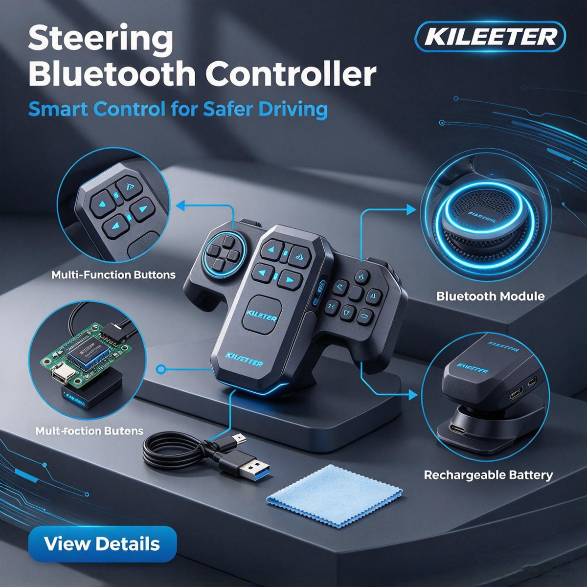 KILEETER Steering Wheel Bluetooth Controller 🎛️ Wireless Media Remote, One-Touch Control for Music & Hands-Free Calls, Rechargeable Car Steering Wheel Remote with Bluetooth Connection