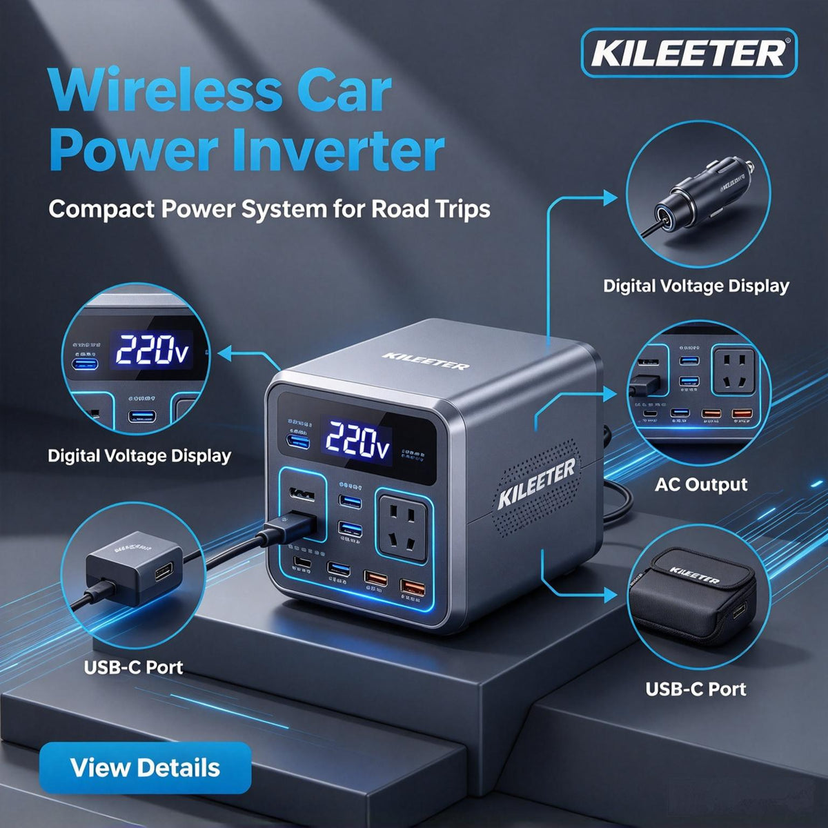KILEETER Wireless Car Power Inverter ⚡ Portable Car Power Converter with AC Outlet, USB-C Fast Charging, Digital Display, Multiple Ports for Camping, Road Trips & Emergency Power Supply