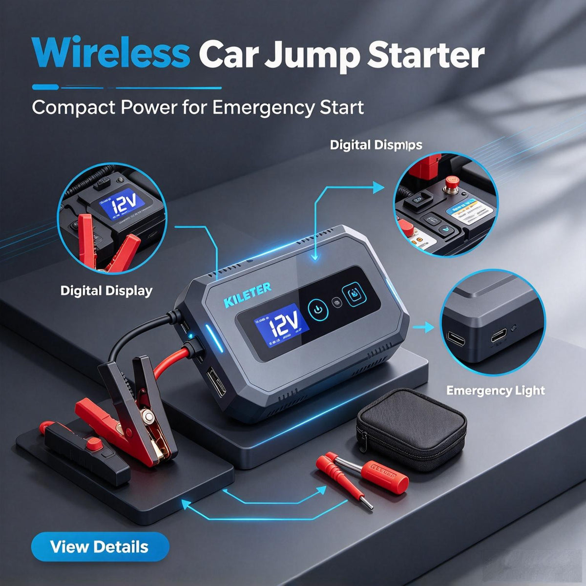 KILEETER Wireless Car Jump Starter 🔋 Portable 12V Car Battery Booster Pack, USB-C Fast Charging, Digital Display, Emergency LED Light for Gas & Diesel Vehicles