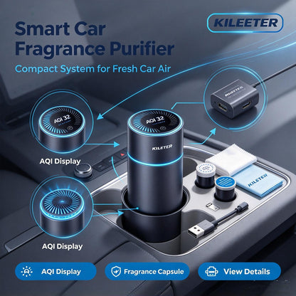KILEETER Smart Car Fragrance Purifier 🚗 Portable Car Air Freshener & Air Cleaner, Real-Time AQI Air Quality Display, Replaceable Fragrance Capsule, USB-C Powered for Car Cup Holder