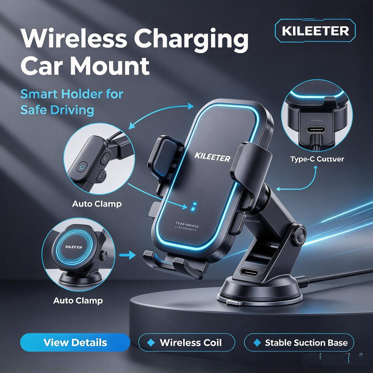 KILEETER Wireless Charging Car Mount 📱 Auto Clamping Phone Holder, 15W Fast Wireless Charger, Strong Suction Cup, 360° Rotation for Dashboard & Windshield