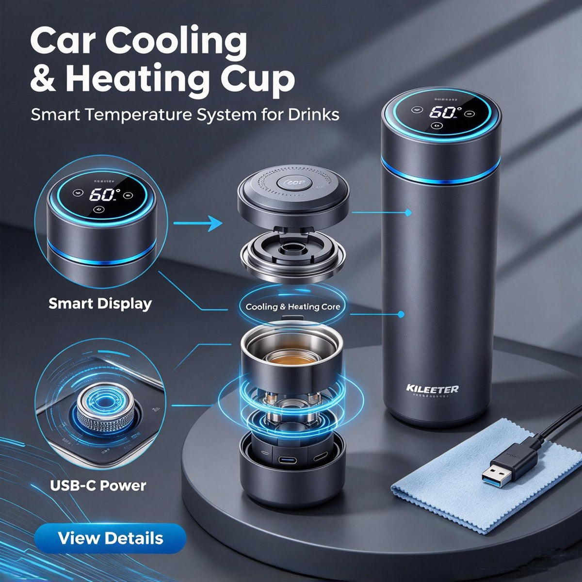 KILEETER Car Cooling & Heating Cup ☕ Smart Temperature Control Travel Mug, 12V Portable Electric Warmer Cooler Cup for Car Cup Holder, Digital Display for Coffee, Tea & Beverages