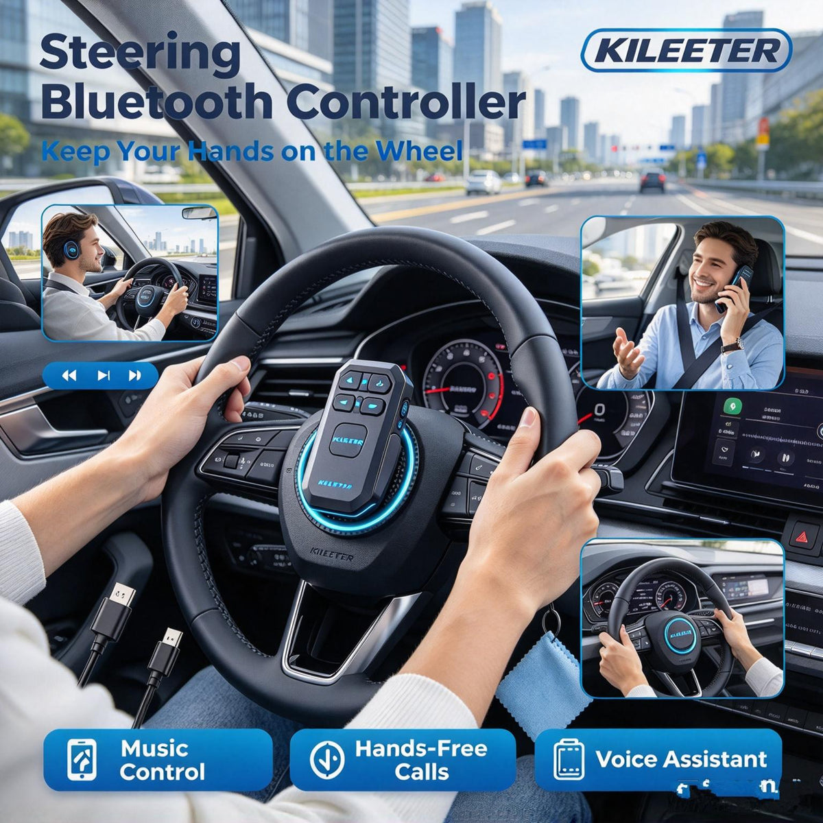 KILEETER Steering Wheel Bluetooth Controller 🎛️ Wireless Media Remote, One-Touch Control for Music & Hands-Free Calls, Rechargeable Car Steering Wheel Remote with Bluetooth Connection