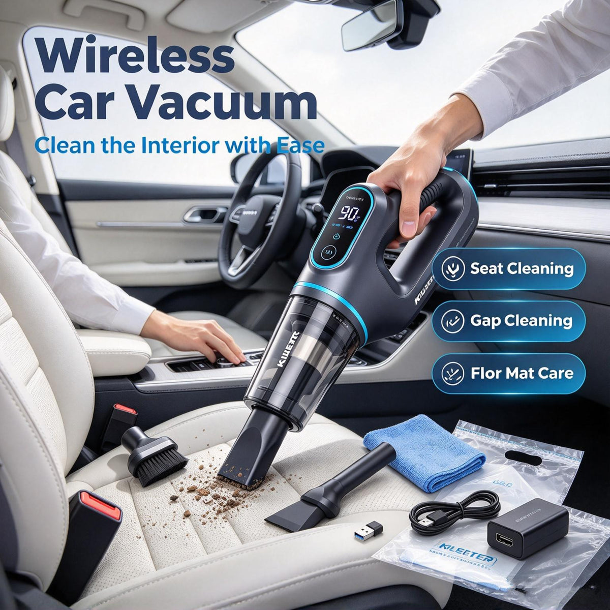 KILEETER Wireless Car Vacuum Cleaner 🚗 Handheld Portable Vacuum, Strong Suction, USB-C Rechargeable, with Multiple Nozzles for Car Interior, Home & Pet Hair Cleaning