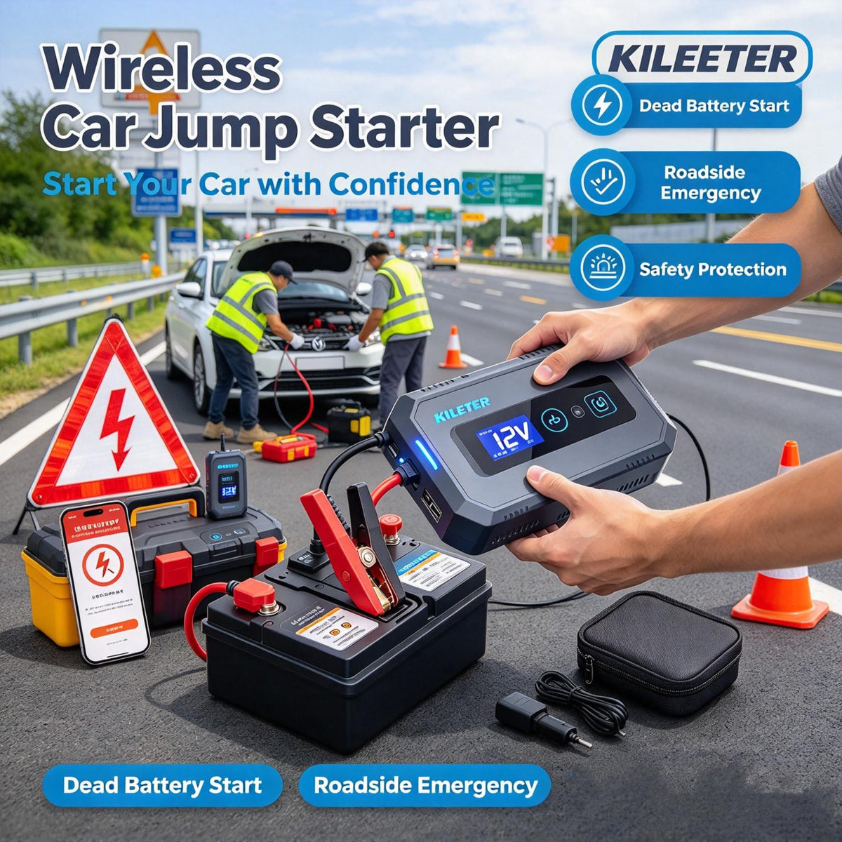 KILEETER Wireless Car Jump Starter 🔋 Portable 12V Car Battery Booster Pack, USB-C Fast Charging, Digital Display, Emergency LED Light for Gas & Diesel Vehicles