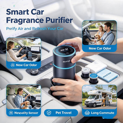 KILEETER Smart Car Fragrance Purifier 🚗 Portable Car Air Freshener & Air Cleaner, Real-Time AQI Air Quality Display, Replaceable Fragrance Capsule, USB-C Powered for Car Cup Holder
