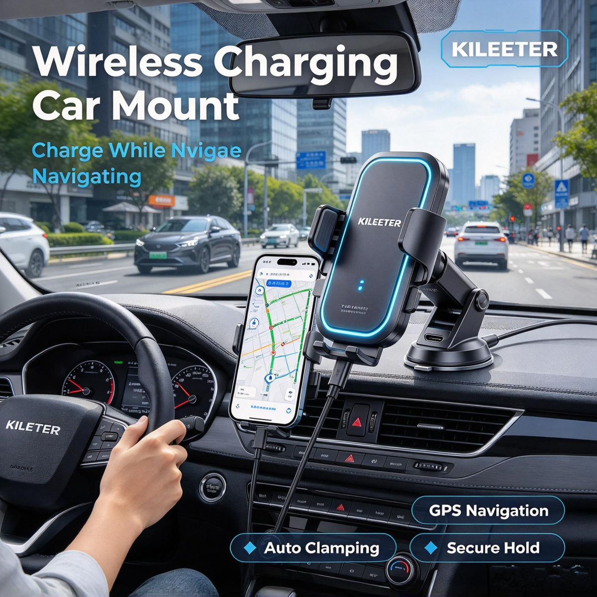 KILEETER Wireless Charging Car Mount 📱 Auto Clamping Phone Holder, 15W Fast Wireless Charger, Strong Suction Cup, 360° Rotation for Dashboard & Windshield