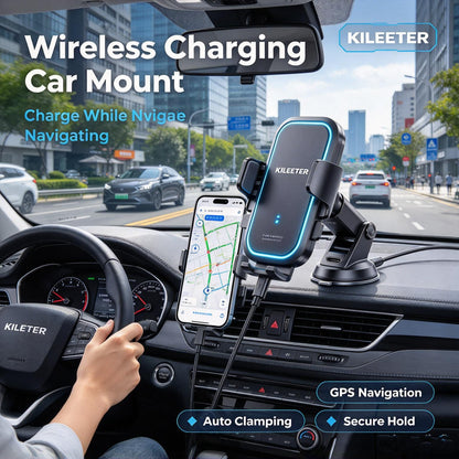 KILEETER Wireless Charging Car Mount 📱 Auto Clamping Phone Holder, 15W Fast Wireless Charger, Strong Suction Cup, 360° Rotation for Dashboard & Windshield
