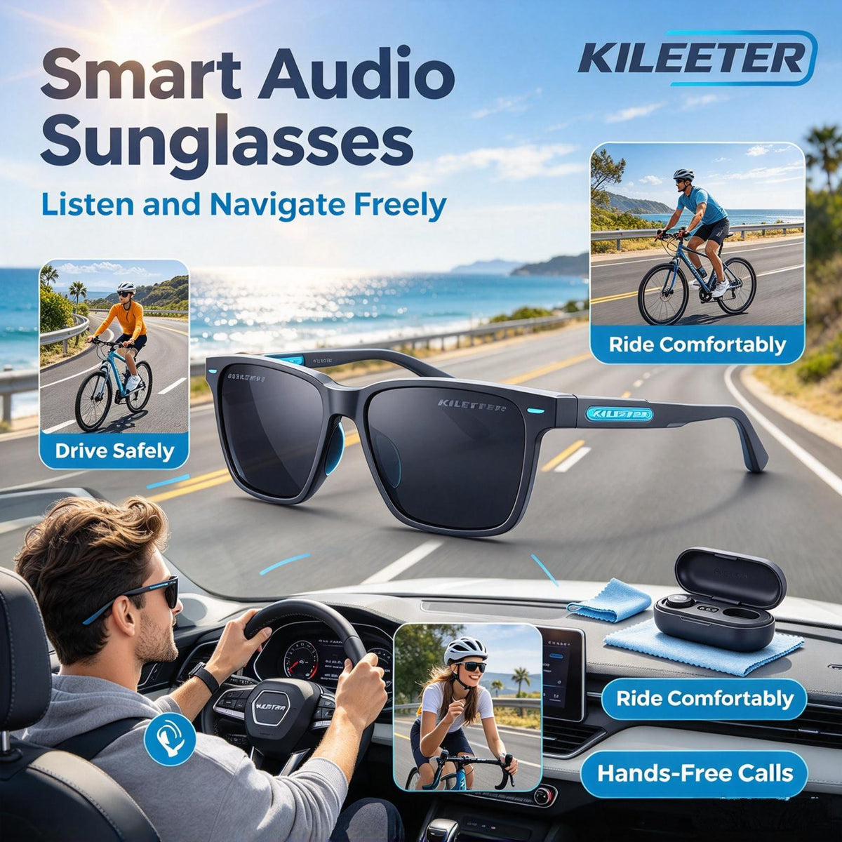 KILEETER Smart Audio Sunglasses 🕶️ Open Ear Bluetooth Sunglasses with Voice Control, UV Protection Polarized Lenses, Built-in Mic for Driving, Outdoor Sports & Hands-Free Calls