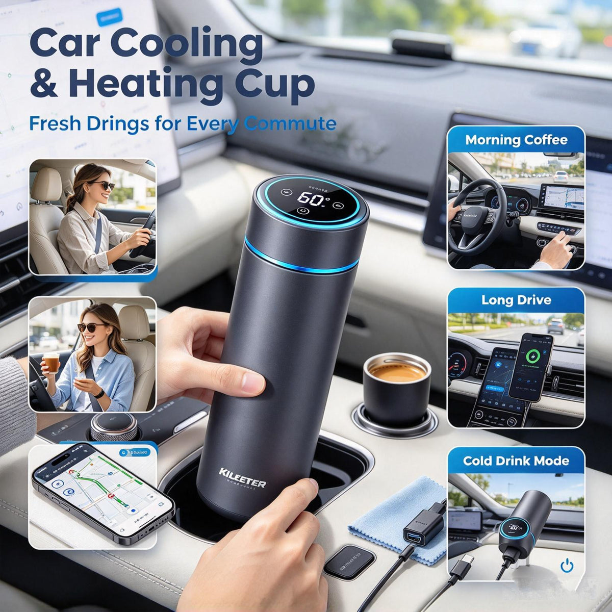 KILEETER Car Cooling & Heating Cup ☕ Smart Temperature Control Travel Mug, 12V Portable Electric Warmer Cooler Cup for Car Cup Holder, Digital Display for Coffee, Tea & Beverages