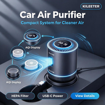 KILEETER Car Air Purifier 🌬️ HEPA Filter Car Air Cleaner, Real-Time AQI Air Quality Sensor, USB-C Powered, Cup Holder Design, Removes Smoke, Odors, Dust and Pollen for Vehicle Interior