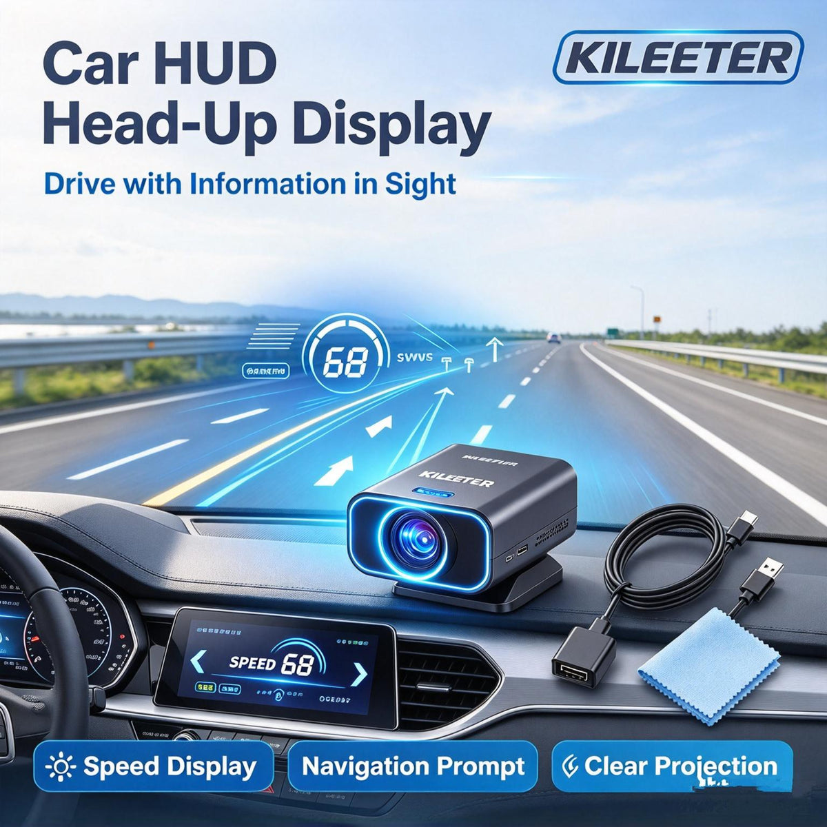 KILEETER Car HUD Head-Up Display 🚗 Windshield Speed Projector, Clear Projection, Speed Display & Navigation Prompt, Universal HUD for Vehicles, Safe Driving Accessories
