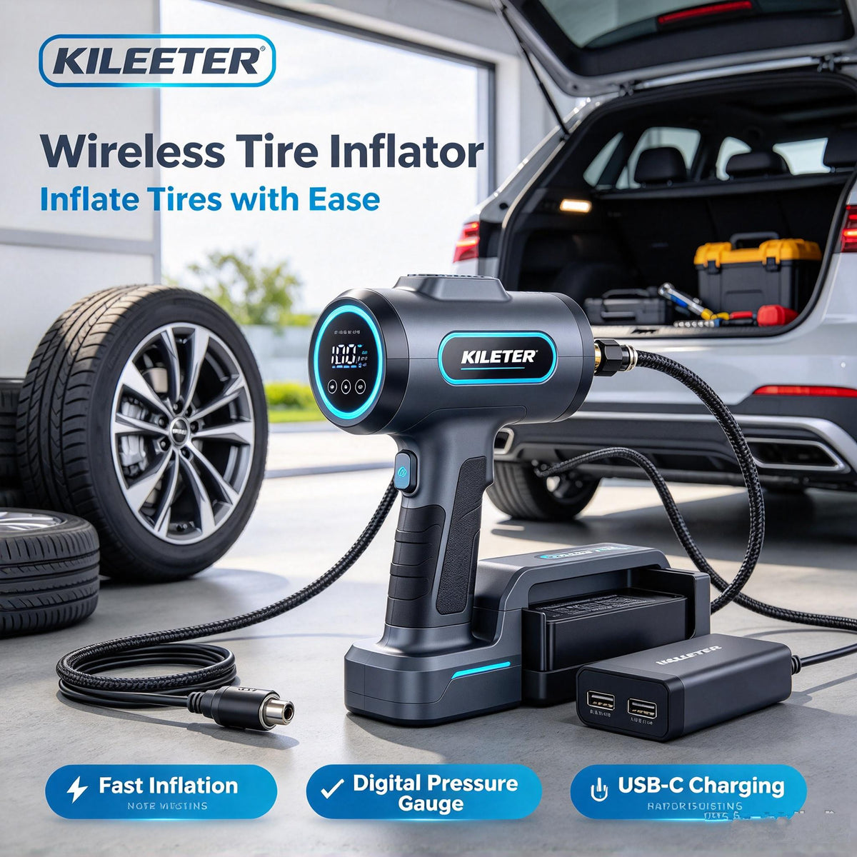 KILEETER Wireless Tire Inflator 🚗 Portable Handheld Air Compressor, Digital Pressure Gauge, USB-C Rechargeable Tire Pump for Car, Motorcycle, Bicycle & Ball