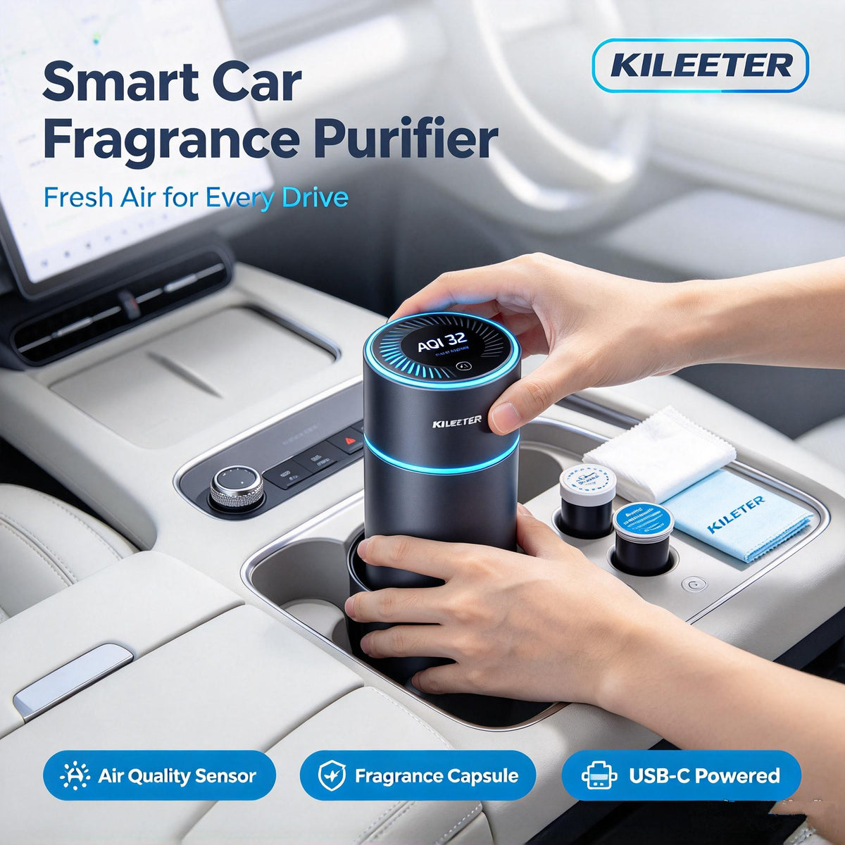 KILEETER Smart Car Fragrance Purifier 🚗 Portable Car Air Freshener & Air Cleaner, Real-Time AQI Air Quality Display, Replaceable Fragrance Capsule, USB-C Powered for Car Cup Holder