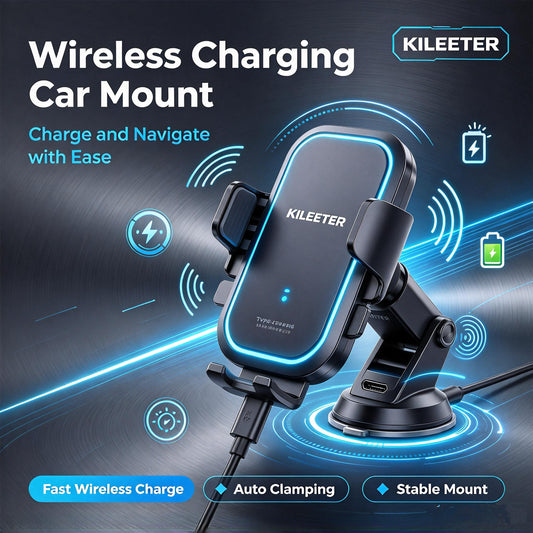 KILEETER Wireless Charging Car Mount 📱 Auto Clamping Phone Holder, 15W Fast Wireless Charger, Strong Suction Cup, 360° Rotation for Dashboard & Windshield