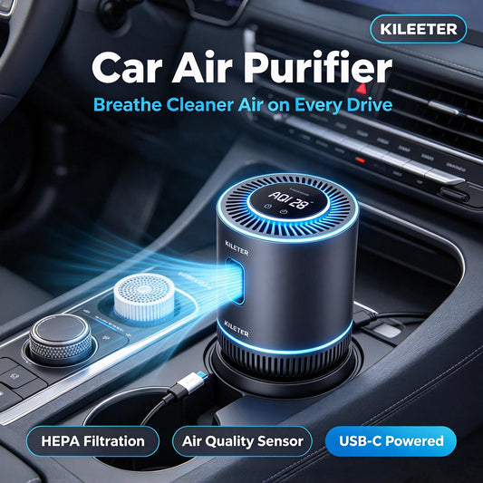 KILEETER Car Air Purifier 🌬️ HEPA Filter Car Air Cleaner, Real-Time AQI Air Quality Sensor, USB-C Powered, Cup Holder Design, Removes Smoke, Odors, Dust and Pollen for Vehicle Interior